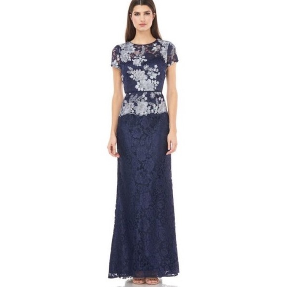 NWT JS Collections Navy Blue Silver Combo 3D Lace Formal Capped Sleeve Gown - Picture 1 of 9